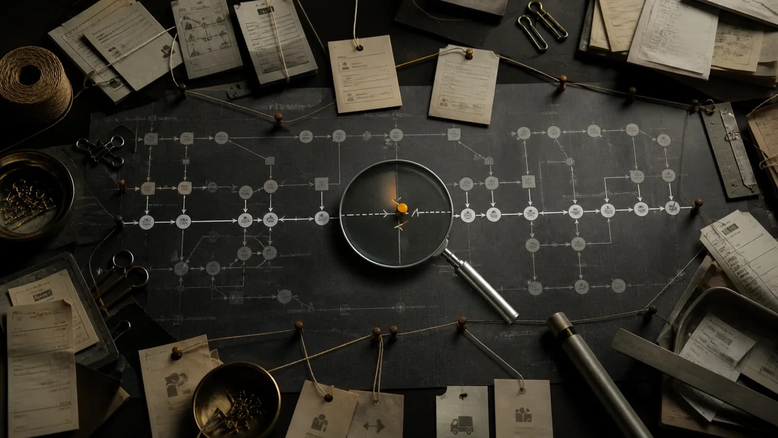 A physical customer-journey map examined through a magnifying lens at a broken handoff.
